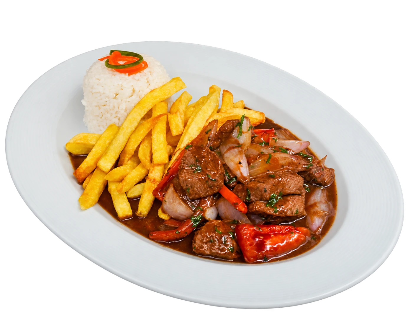 Plato criollo de Jarandillo Norteño con carne salteada, arroz y papas